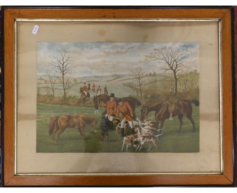 Framed and glazed watercolour of a hunting scene titled "First Brush"&nbsp;