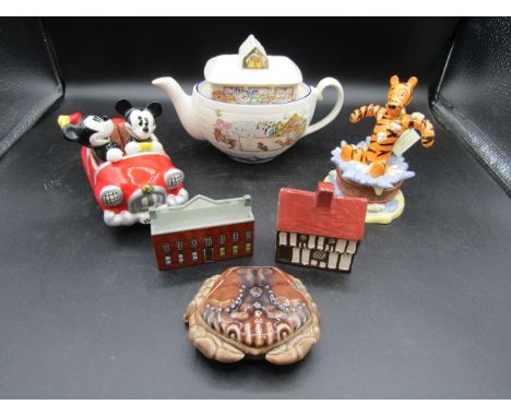 Royal Doulton Tigger, Mickey Mouse car s&amp;p pots, Wade Noah's ark teapot, crab and house, pottery house&nbsp;