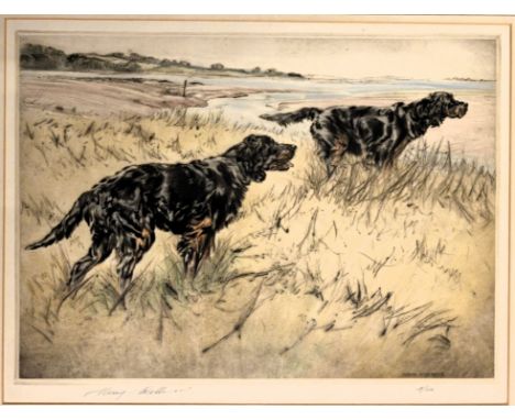 Henry Wilkinson, a signed limited edition coloured etching of Gordon Setters 4/150. 25 x 36 cm, framed and mounted.