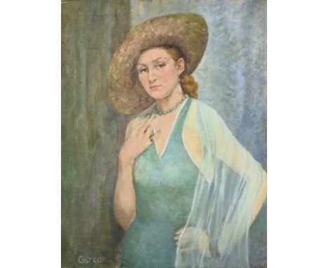 Portrait of a lady in a sum hat and green dress, oil on canvas, signed lower left Costello, dated 1953 on verso, unframed 71 