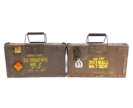 Two wood and metal ammunition boxes, each with carrying handles, one stamped 303BDR.