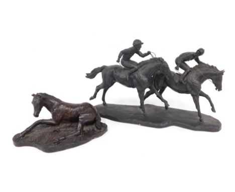 Two bronzed resin horse ornaments, comprising Heradites First Past the Post LE 122 model, 38cm diameter, and a further exampl