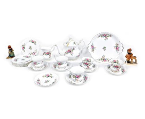 A Royal Albert Moss Rose pattern part tea service, two Goebel figures, teapot. (AF)