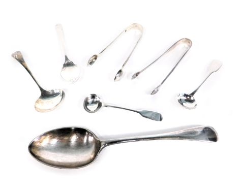 A group of silver and other cutlery, comprising a pair of Victorian silver toddy ladles bearing the initials M.W.B, a pair of