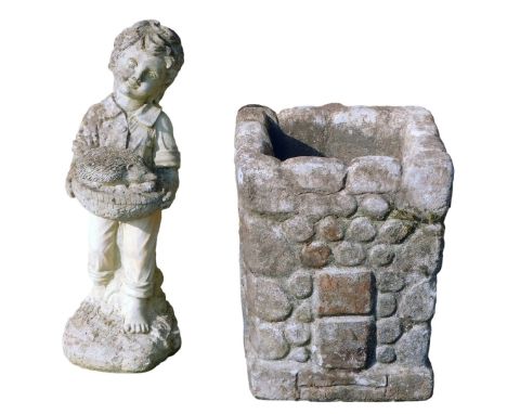 Two reconstituted stone garden ornaments, comprising a square set planter, 36cm high, 30cm x 30cm, a figure of a child carryi