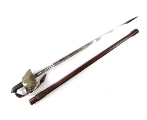 A 19thC sword, with curved wire bound handle, the blade with royal crest, with leather scabbard, 100cm long. 