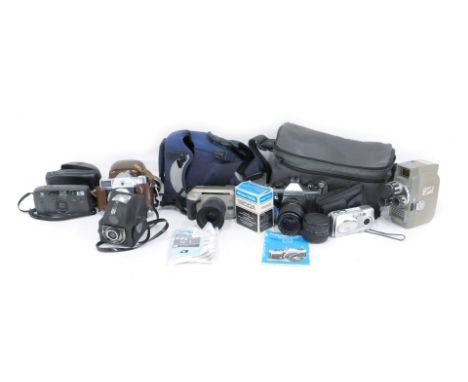 A quantity of camera equipment, to include Minolta Vectis S-1, Kodak Retina Reflex, Praktica MTL50, etc. 