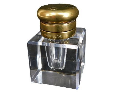 A Mont Blanc inkwell, with brass top, on square glass base, with logo and company name, 6.5cm high, 4cm x 4cm.