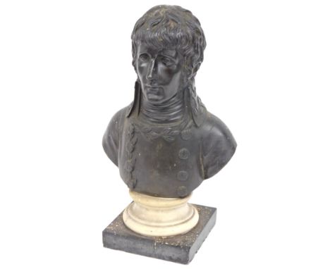 A 19thC bronze bust, of a military gentleman, on an onyx circular foot, on square base, 30cm high. (AF) 