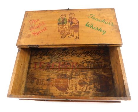 A pine box made from a Teacher's whisky crate, the inside lid printed with two children playing cricket, etc., 43cm wide.  