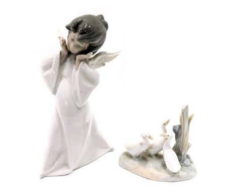 Two figure groups, comprising a Lladro figure of a child with wings, 23cm high, a Nao figure of geese in reeds, 12cm high. (2