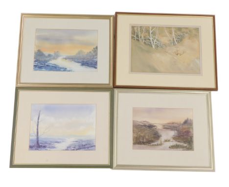 Four 20thC watercolours, comprising snowy trees, signed James, 28cm x 39cm, J Harbeton river watercolours, signed in pencil, 