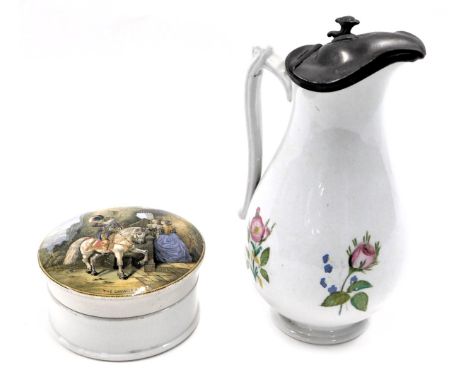 A Prattware pot lid, The Cavalier, and a Continental porcelain milk jug, with pewter top, unmarked, 20cm high. (2) 