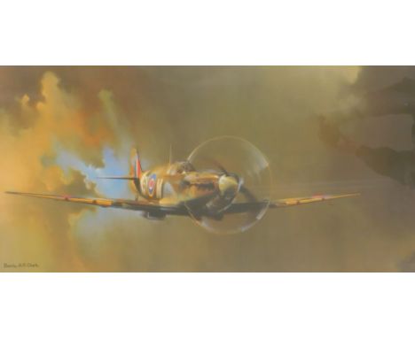 After Barry AF Clarke. Spitfire print, 45cm x 90.5cm, framed. 