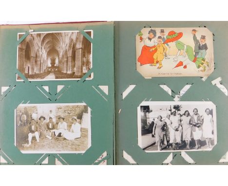 An album of early 20thC postcards, to include humorous, portrait photographs, shipping, etc. 