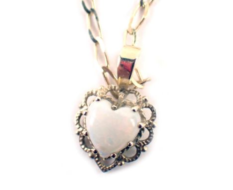 A heart shaped pendant and chain, the heart shaped pendant set with opal, in claw setting, yellow metal stamped 9kt, 1.5cm lo