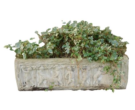 A reconstituted stone rectangular planter, with a reeded border, decorated with cherubs, lambs and berries, 24cm high, 78cm w
