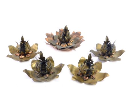 A collection of five various copper and brass Arts and Crafts light fittings, each formed and petals and leaves, incomplete. 