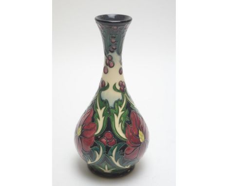 Moorcroft Ruby pattern bottle shaped vase designed by Rachel Bishop, signed in green pen, dated 2008, 24cms high.