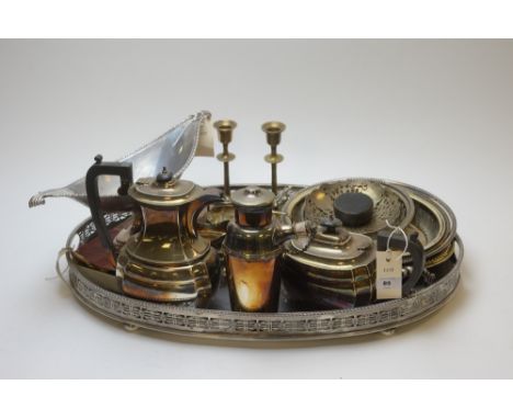 A large silver-plate tray on bun feet; together with a plated tea service; a Ducal plate bon bon dish; various vegetable ture