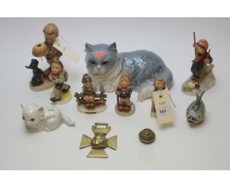 Six Hummel figures; together with a large Goebel cat; another smaller Goebel cat; a Hummel fish; and further items.