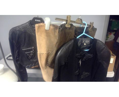 Lady's vintage clothing, to include: Whiteboys leather jacket; New York Clothing jacket; and two suede bustiers.