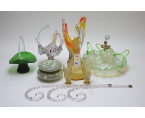 Mixed coloured and Art glass, to include: an Art Deco yellow glass decanter and six glasses (one damaged); a Murano glass bas