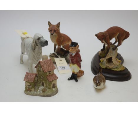 Royal Doulton Mr Fox; two Border Fine Arts fox sculptures; a Beswick dog; a wren; and a Liliput-style Ivy Cottage.