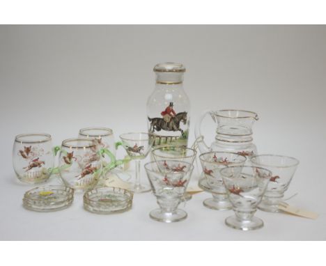 Vintage hunting themed hand-painted glassware, to include: lemonade set; four small dishes; a Martini glass; three tankards; 