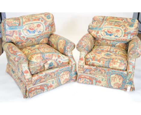 Kingcome Sofas Ltd: a pair of modern armchairs, upholstered in Chinese inspired fabric, each with square back and scroll-over