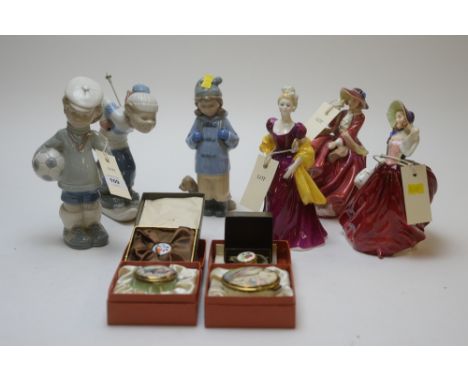 Three Royal Doulton figurines: Loretta 2337; Autumn Breezes 1934; and Top o the Hill 1834; Two Lladro figures; a Nao boy and 