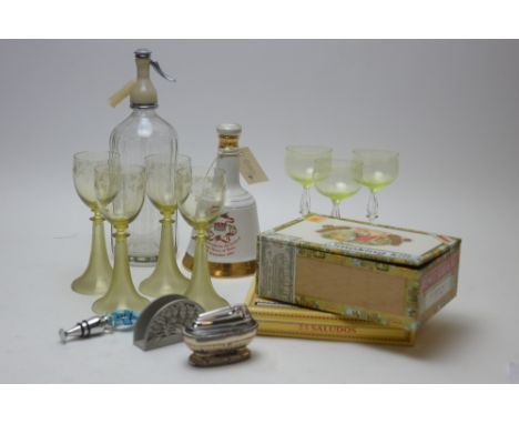 Mixed items, to include: a Bells commemorative decanter; four green glass and etched wine glasses; two cigar boxes; three col