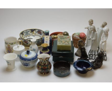 Mixed items, to include: cloisonne vase; three figurines by Nao and Rosal; agate eggs; an onyx trinket box; silver plate toas