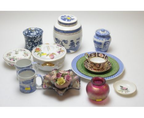 Mixed ceramics, to include: Royal Doulton Booths Real Old Willow pattern ginger jar and cover; Royal Crown Derby Imari cup an