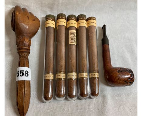 PIPE, FIVE CUBAN CIGARS AND A NOVELTY HAND NUT CRACKER