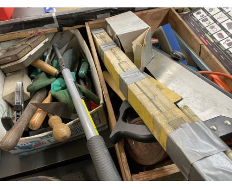 BOX OF VARIOUS TOOLS, SCREWDRIVERS AND ATTACHMENTS