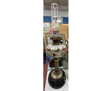 VICTORIAN OIL LAMP WITH FLORAL OPAQUE MOULDED RESERVOIR