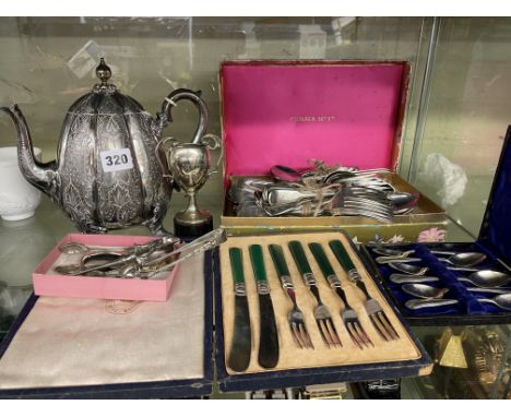 BOX OF ASSORTED PLATED CUTLERY, CASED CUTLERY AND EPBM TEAPOT