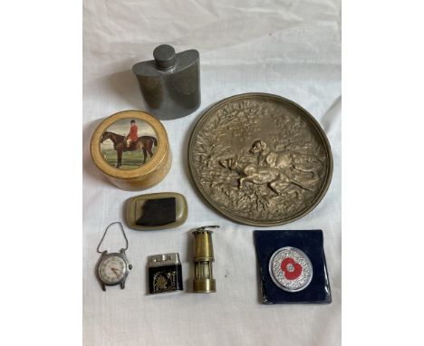 HORN SNUFF BOX, SMALL CYLNDRICAL WOODEN  BOX, PEWTER HIP FLASK, LIGHTER AND A  KERED WRIST WATCH