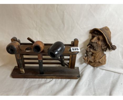 RUSTIC GATE PIPE RACK AND A BAVARIAN CARVED SMOKING FIGURE PLAQUE