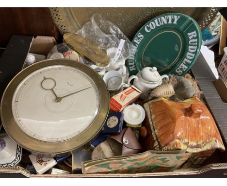 CARTON - COTTAGE BISCUIT BARREL, BAG OF LAPEL BADGES, MATCHBOXES AND MATCH SLEEVES, BRASS MANTEL CLOCK 