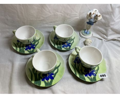 FOUR MOORCROFT INSPIRED TEACUPS AND SAUCERS AND A ROYAL WORCESTER FIGURE A/F