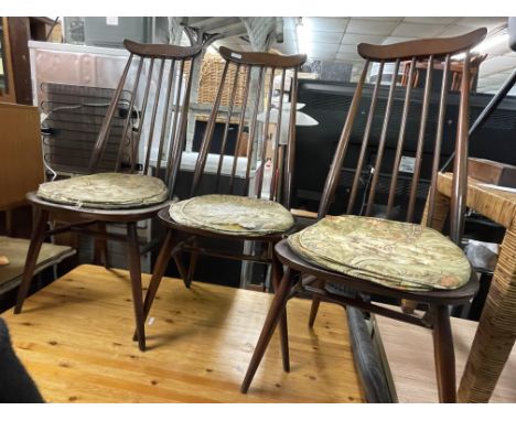 SET OF FOUR ERCOL DARK ELM SPINDLE BACK DINING CHAIRS 
