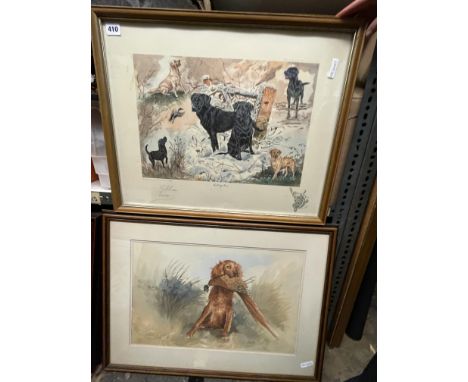 LTD EDITION PRINT N0 370 SIGNED IN PENCIL ENTITLED ANTICIPATION BY GILLIAN HARRIS, WATER COLOUR OF A GAME DOG WITH BIRD BY P.