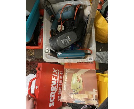 SCREWFIX BOX OF IRONMONGERY, POWER TORCH, SOCKET SET AND TOOLS