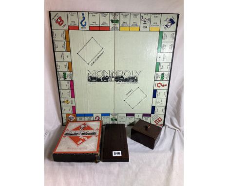 VINTAGE MONOPOLY BOARD AND GAME BOX, BAKELITE CARD BOX AND CRIBBAGE BOARD