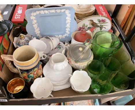 BOX - NOVELTY TEAPOT, STONEWARE STEIN, GREEN GLASS LEMONADE SET