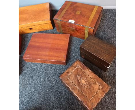 A Collection of antique and vintage boxes to include two writing slopes, Tea caddy, Two boxes containing artists paint and ut