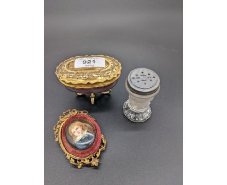 Mixed lot to include; small antique frame with hand painted picture of girl, vintage three faced shaker and gilt metal and re