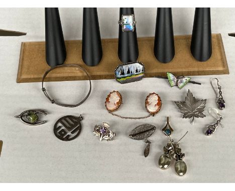 A Selection of silver jewellery to include sterling silver and butterfly wing design ring and matching brooch, Silver and ena